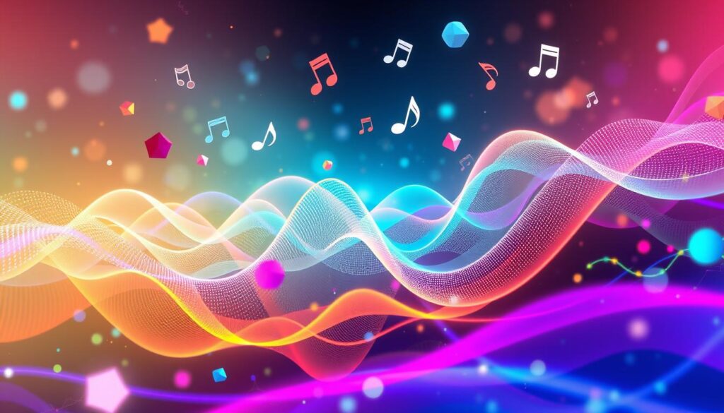 Algorithm-Based Music Discovery
Colorful, flowing waves with floating music notes and geometric shapes, creating a sense of vibrant sound and rhythm.