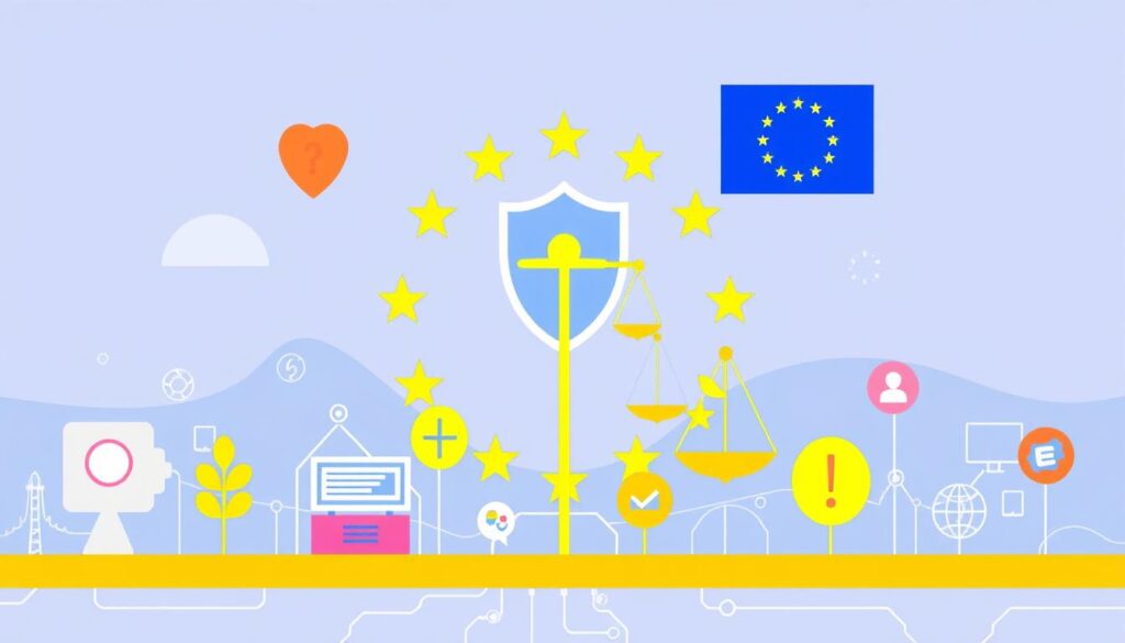 EU Digital Services Act overview An illustration featuring the EU flag, a shield, and scales, symbolizing GDPR and data protection themes.