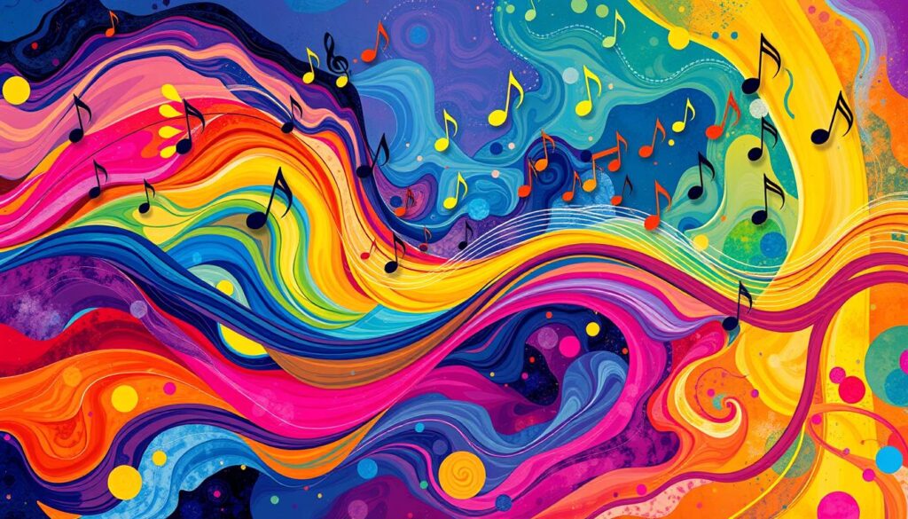 Personalized Music Experiences Colorful, flowing waves with music notes, representing vibrant and dynamic sound energy.