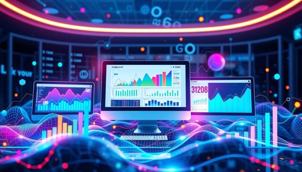 Platform Analytics Insights Multiple screens displaying colorful data charts and graphs in a futuristic, high-tech environment with glowing data waves.