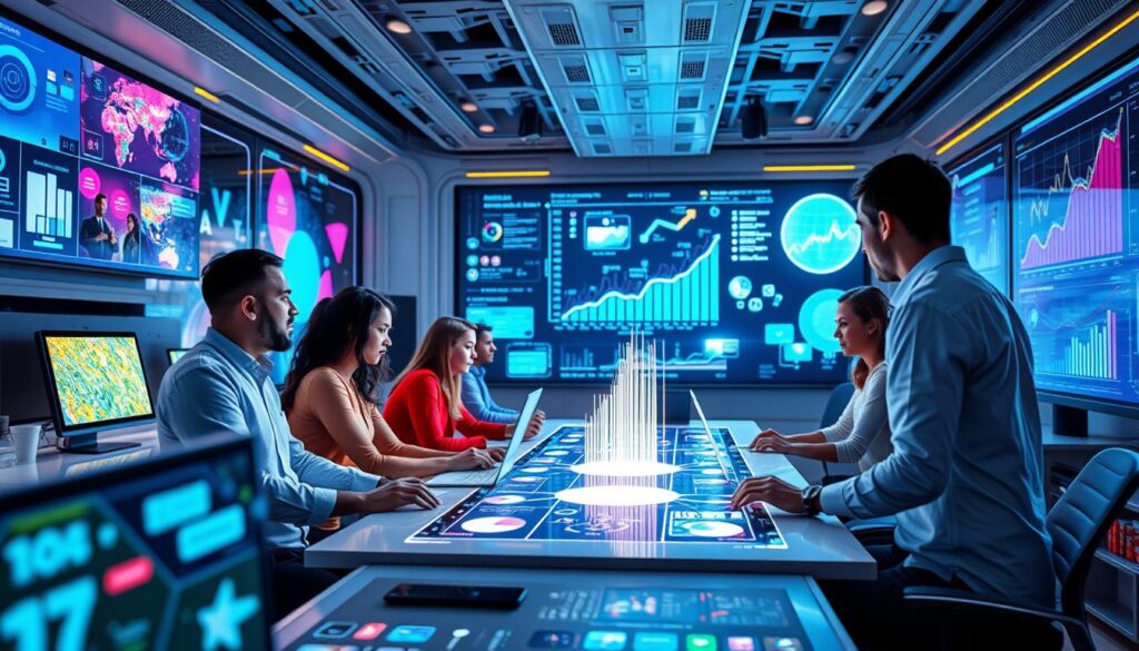 Product Innovation A team of professionals working in a high-tech control room, analyzing data on large digital screens displaying charts and graphs.