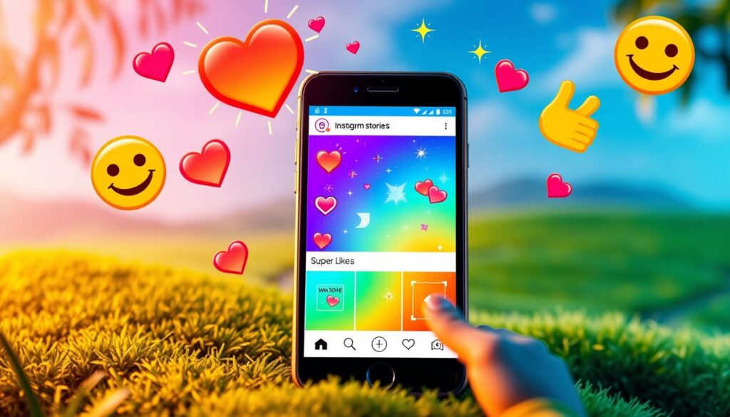 A phone displaying Instagram Stories with floating hearts and emojis, highlighting the 'Super Likes' feature.