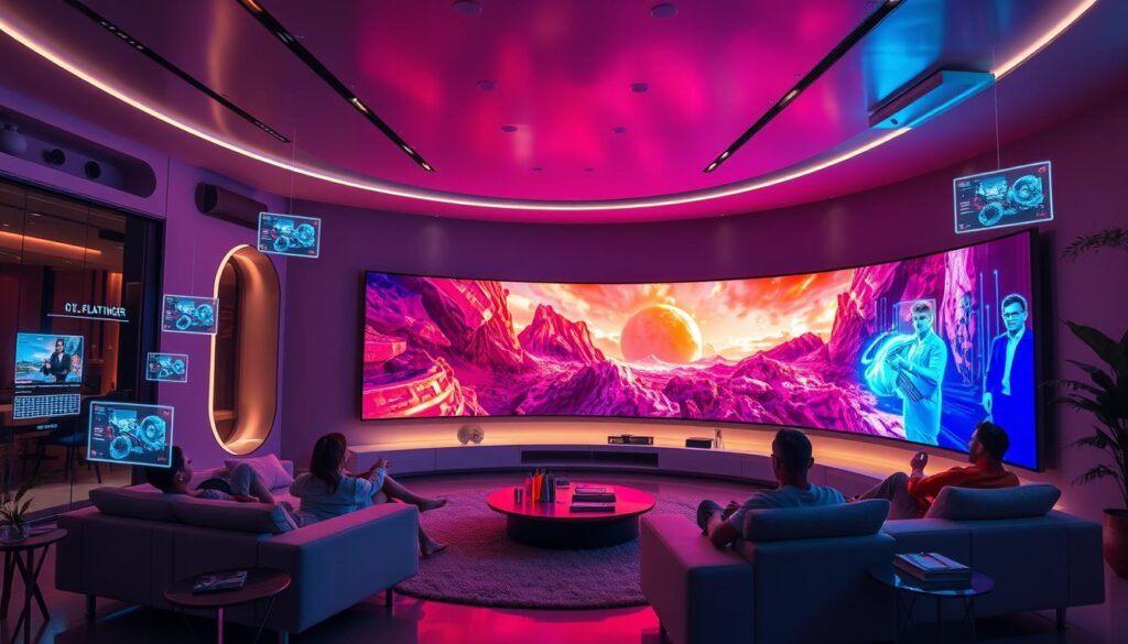 A futuristic room with purple lighting, where people watch a large curved screen displaying a sci-fi scene.