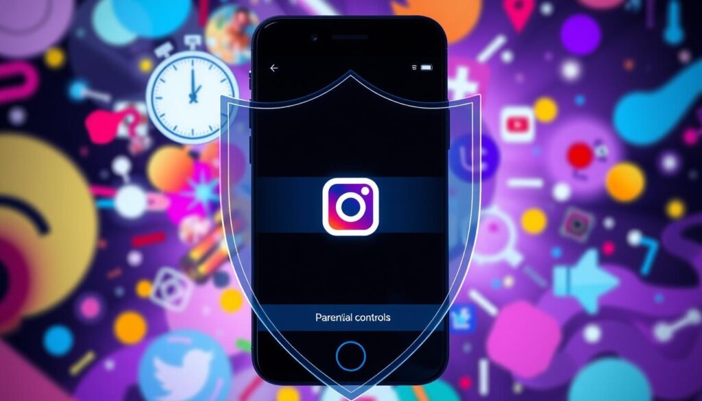 A smartphone displaying the Instagram logo with the text "Parental controls", surrounded by a protective shield symbol.