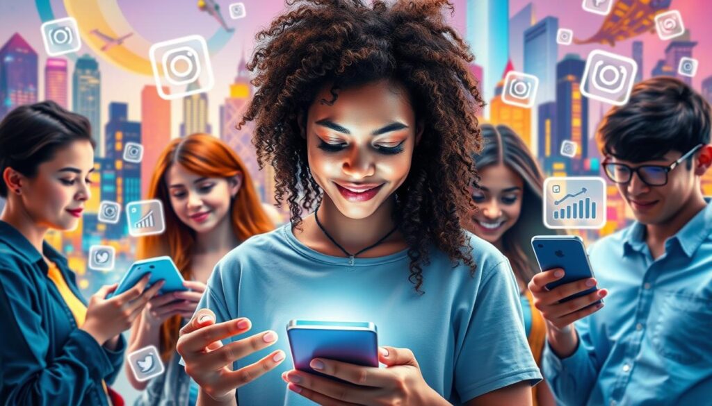 A group of teens using smartphones, surrounded by floating IG and analytics symbols against a colorful cityscape background.