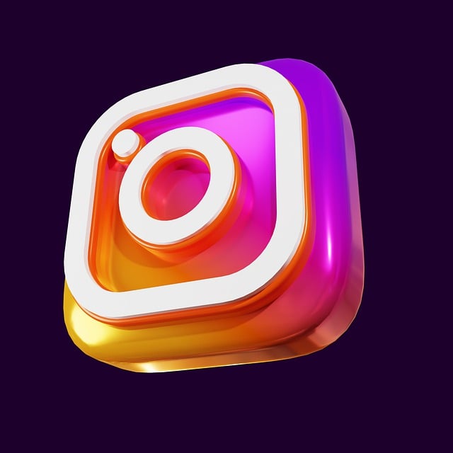 3D Instagram logo with a purple, pink, and orange gradient on a dark purple background.