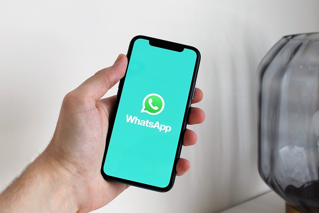 A hand holding a smartphone displaying the WhatsApp logo on the screen, with a turquoise background.