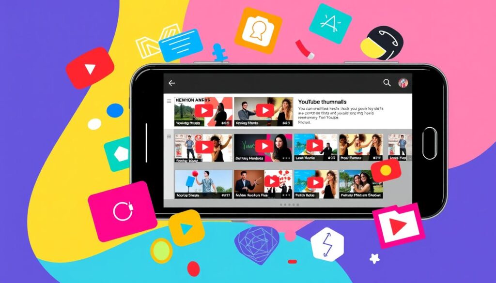 A smartphone displaying YouTube Shorts with colorful social media icons floating around, set against a vibrant background.