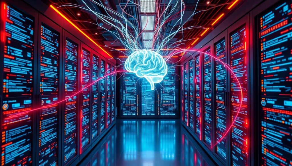 AI model training with Reddit data A glowing digital brain connected to data streams in a futuristic server room.