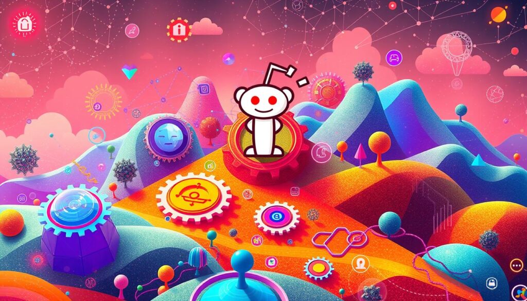 Reddit OpenAI partnership advantages A colorful Reddit-inspired landscape with interconnected gears, icons, and a vibrant, surreal design.