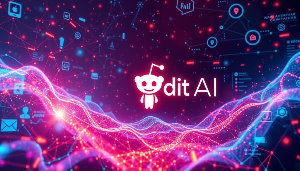 Reddit OpenAI partnership in AI advertising A Reddit AI logo with glowing data connections and futuristic elements in the background.
