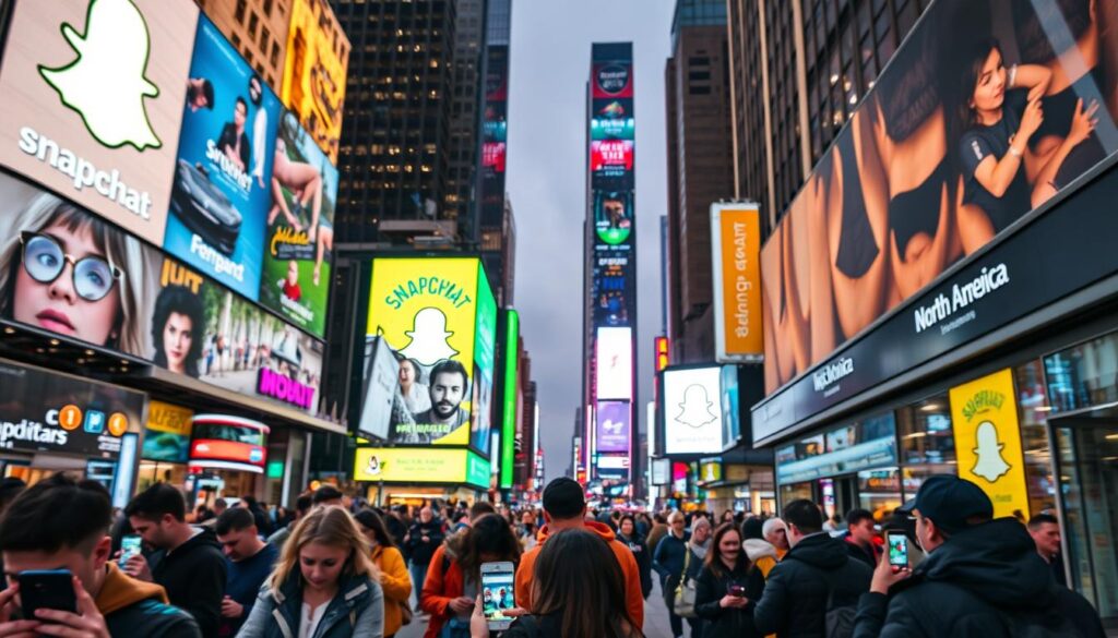 Snapchat video ads in North America A busy city street in America with Snapchat billboards and people using their phones