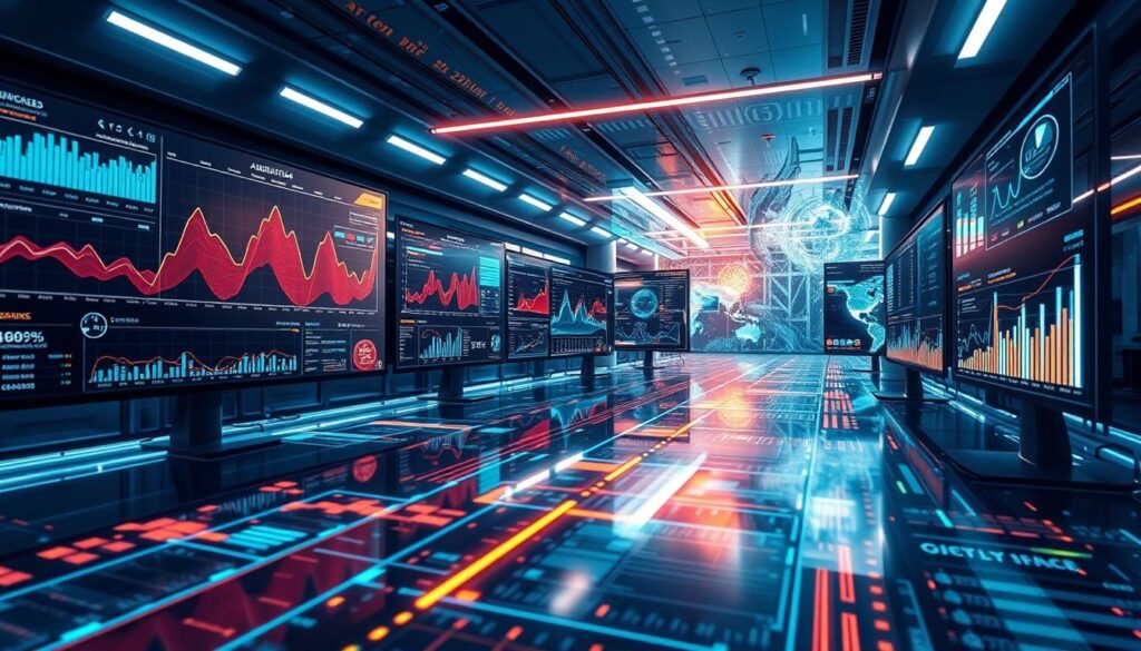 Video analytics and measurement tools A futuristic control room with multiple screens displaying data charts and analytics.
