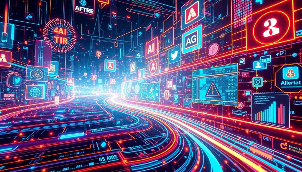 AI ethics in marketing Futuristic digital highway with glowing icons and data visuals, representing technology and information flow.