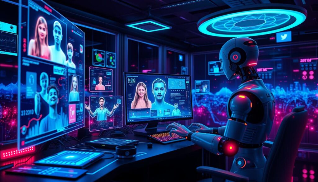 AI influencers working A AI robot analyzing human profiles and data on multiple futuristic screens in a high-tech control room.