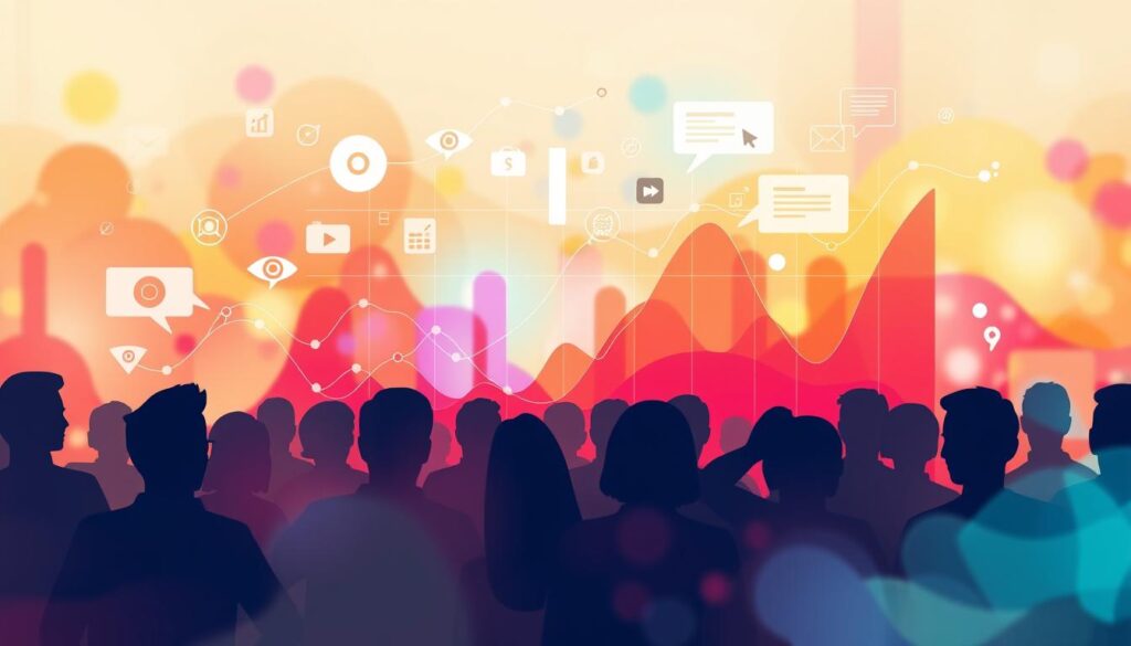 Silhouettes of people with data charts, icons, and speech bubbles in the background.