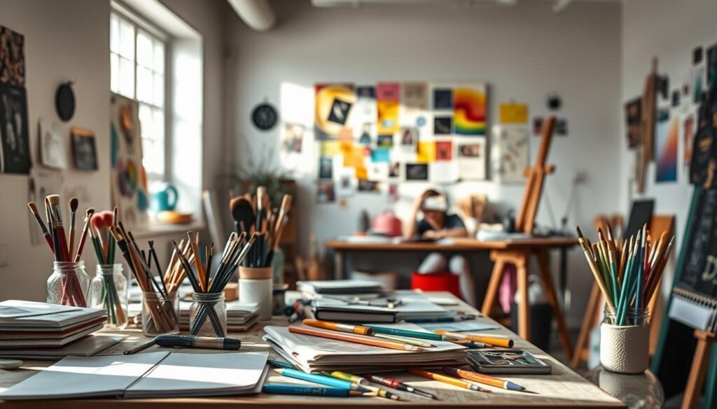 Behind-the-scenes Facebook content An art studio filled with brushes, pencils, and notebooks, showcasing a behind-the-scene creative space for artistic projects.