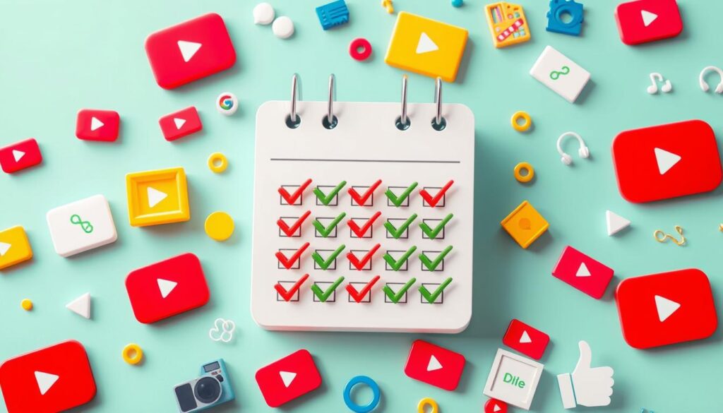 A calendar with checkmarks surrounded by video platform icons and media symbols.