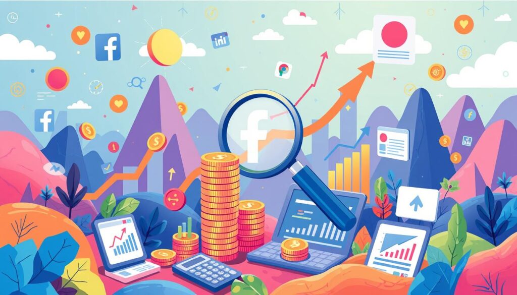 Facebook ad ROI optimization An illustration showing Facebook analytics with coins, graphs, and laptops symbolizing growth and marketing.