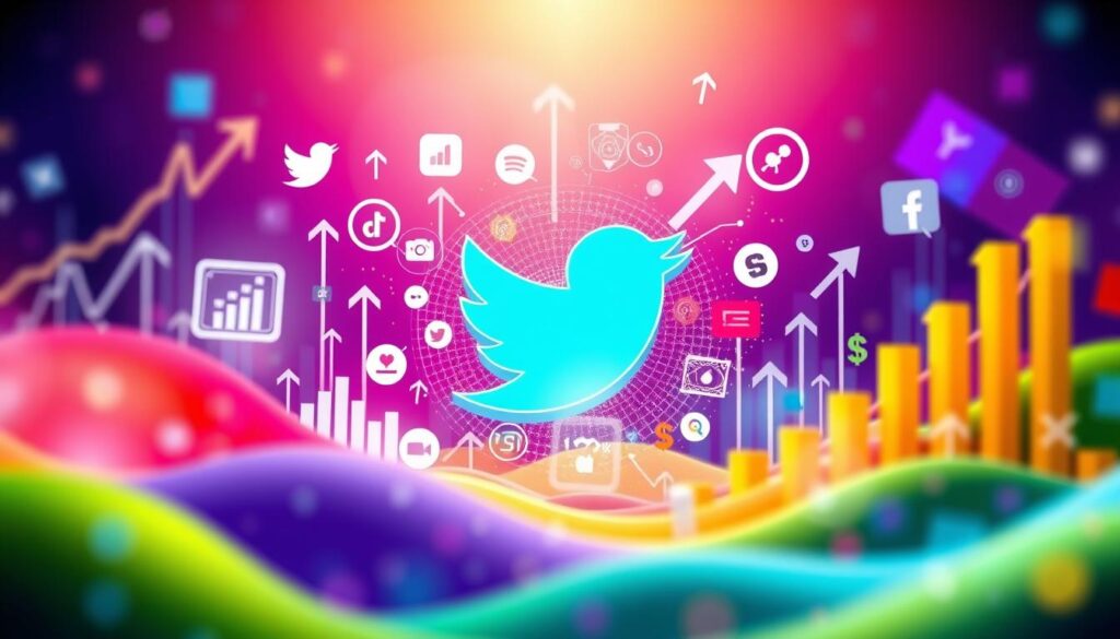 Twitter advertising for business growth The Twitter logo surrounded by colorful social media icons and growth charts.