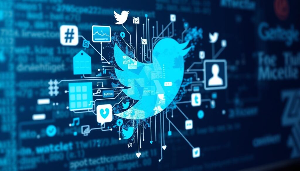 Twitter features for social media marketing The Twitter logo with connected social media icons on a blue background.