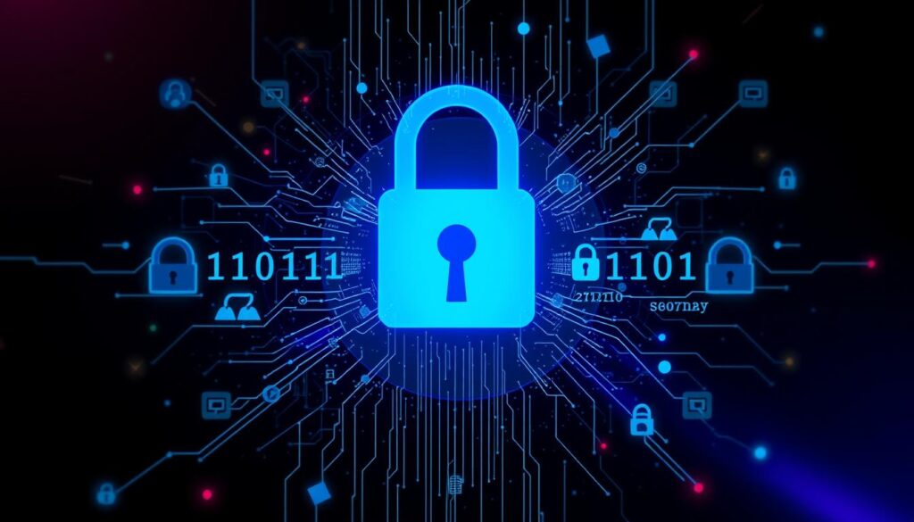 A blue padlock symbol surrounded by digital lines, binary code, and lock icons, representing cybersecurity and data protection.