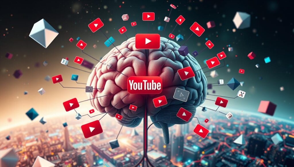 A human brain with the YouTube logo at its center, surrounded by floating YouTube icons.