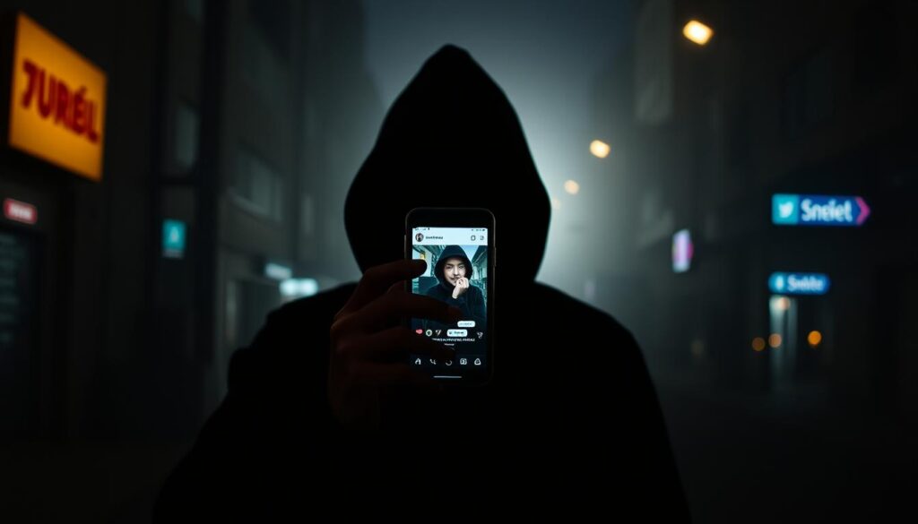 A hooded figure in a dark alley holds a phone showing their own image on Instagram.
