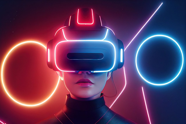 A person wearing a futuristic VR headset with glowing neon lights in the background.