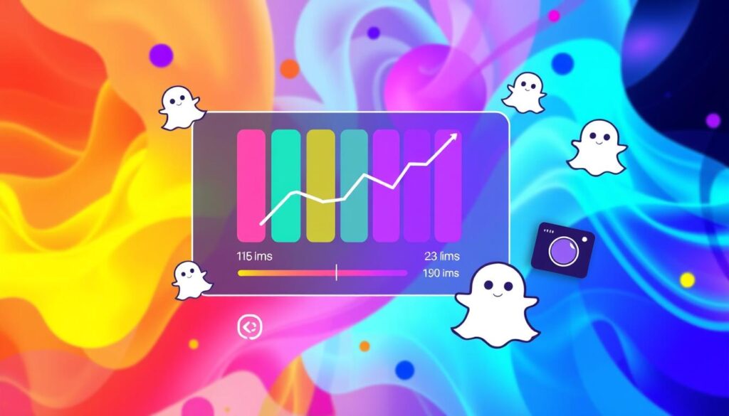 A colorful graph with rising trends surrounded by Snapchat ghost icons on a vibrant gradient background.