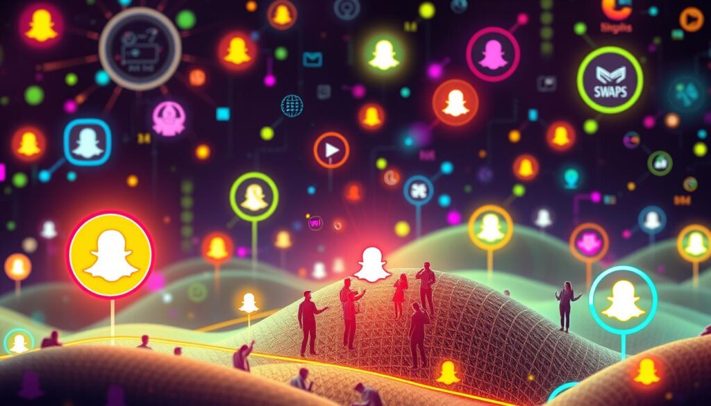 Snapchat snap score impact on engagement A digital landscape of Snapchat icons, showcasing Snap Score's role in boosting user engagement and platform activity.