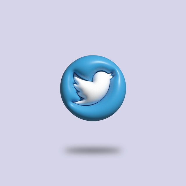 A 3D representation of the Twitter logo, featuring a white bird on a blue circular background with a soft shadow below.