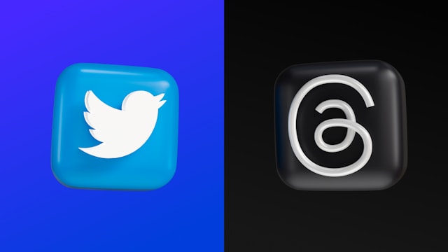Side-by-side icons of Twitter and Threads on blue and black backgrounds, symbolizing a comparison of social media platforms.