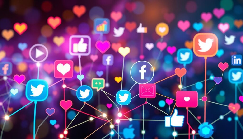 Social media icons like Twitter and Facebook connected in a colorful digital network, symbolizing online engagement and connections.