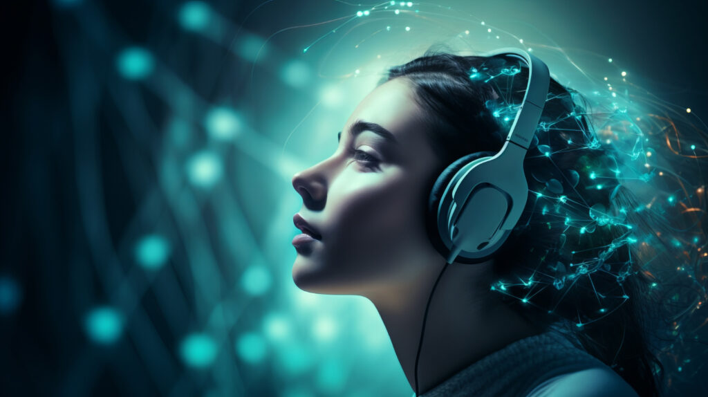 An AI-generated image of a woman wearing headphones.