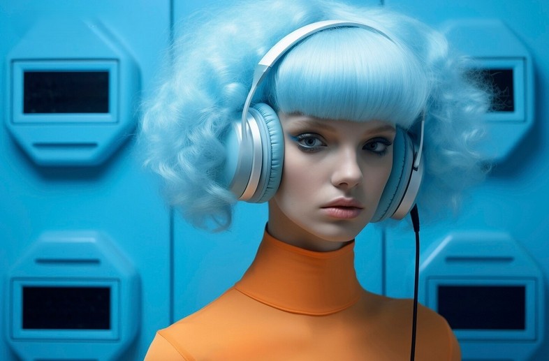 An AI-generated image of a woman with light blue hair and large headphones.