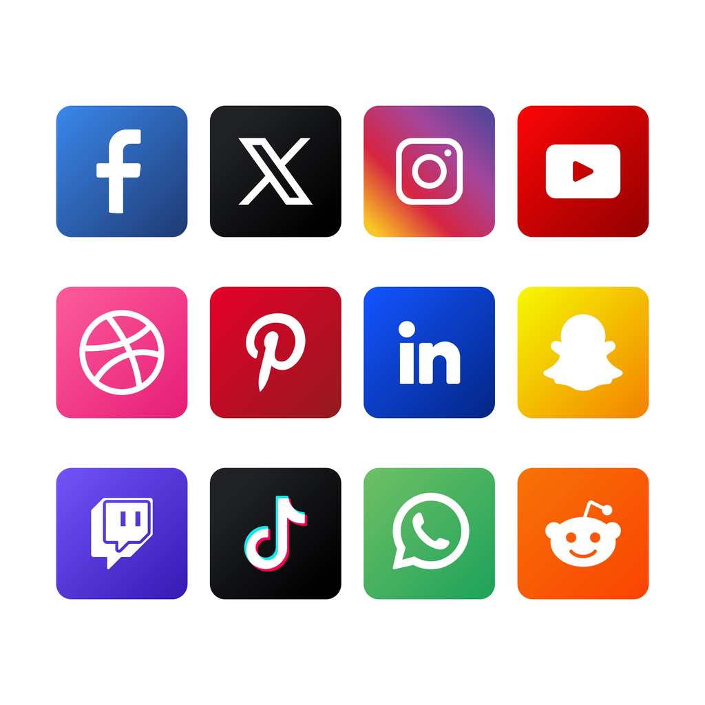 Multicolored social media logos, including Reddit.